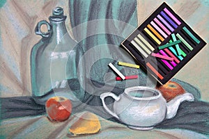 ArtistÃ¢â¬â¢s pastels and original pastel drawing of still life. photo